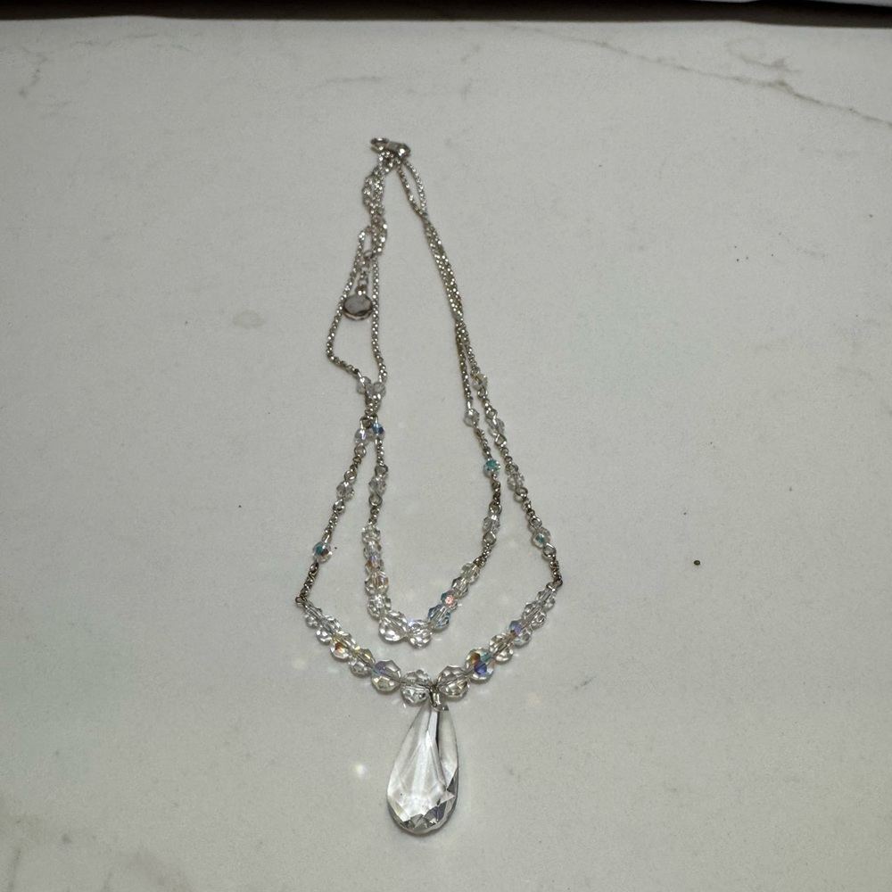 Elegant Silver Multi-Layer Necklace with Crystal Pendant